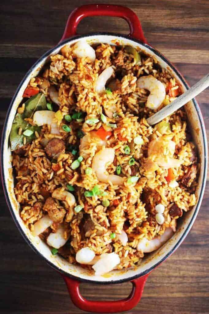CHICKEN, SHRIMP, AND SAUSAGE DUTCH OVEN JAMBALAYA