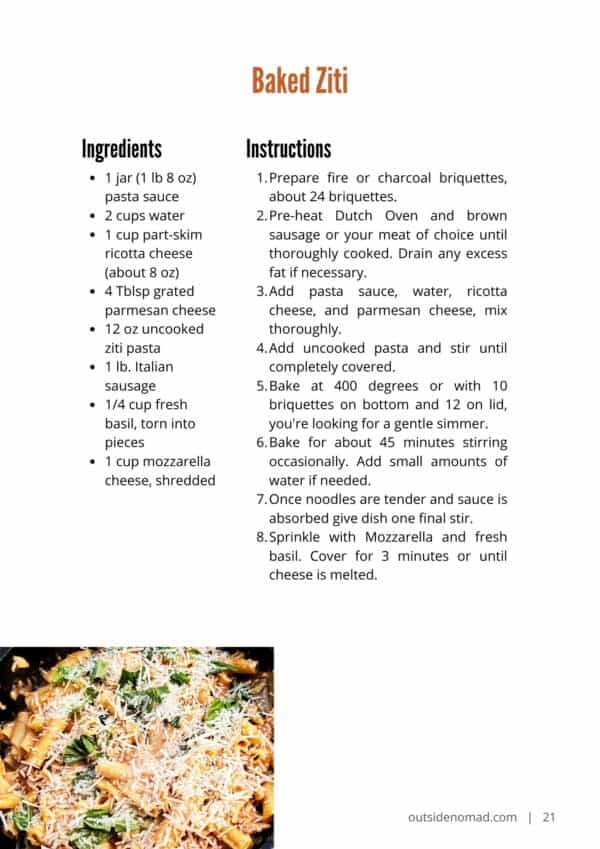 dutch oven baked ziti recipe