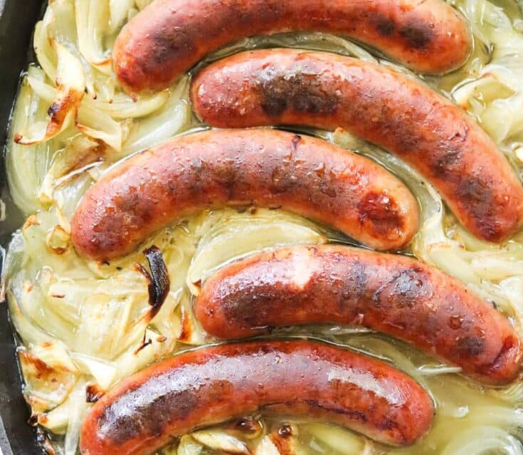 Dutch oven bratwurst and sweet onions