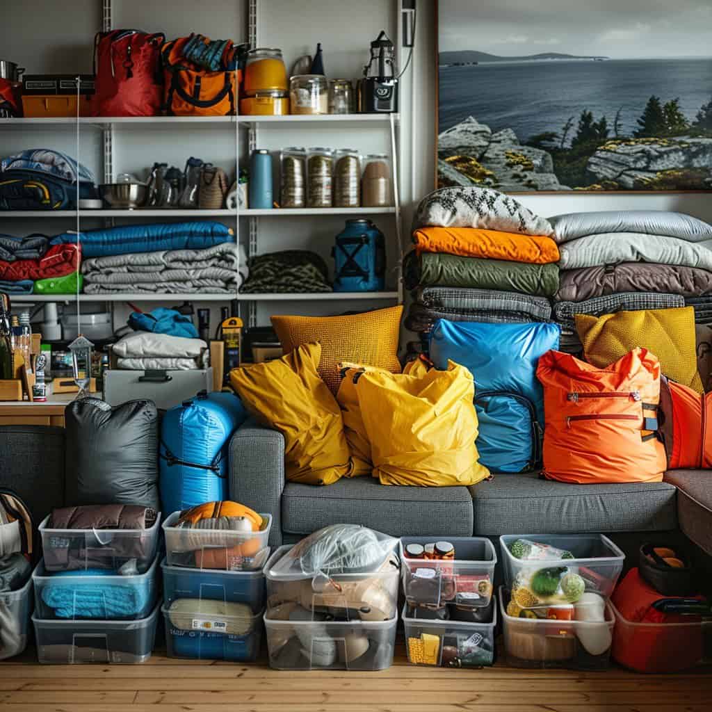 storage bins that are clear bin with camping gear inside and storage bags in a living room